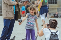 Amsterdam, The Netherlands: Pigeon eating out of girl's hand.